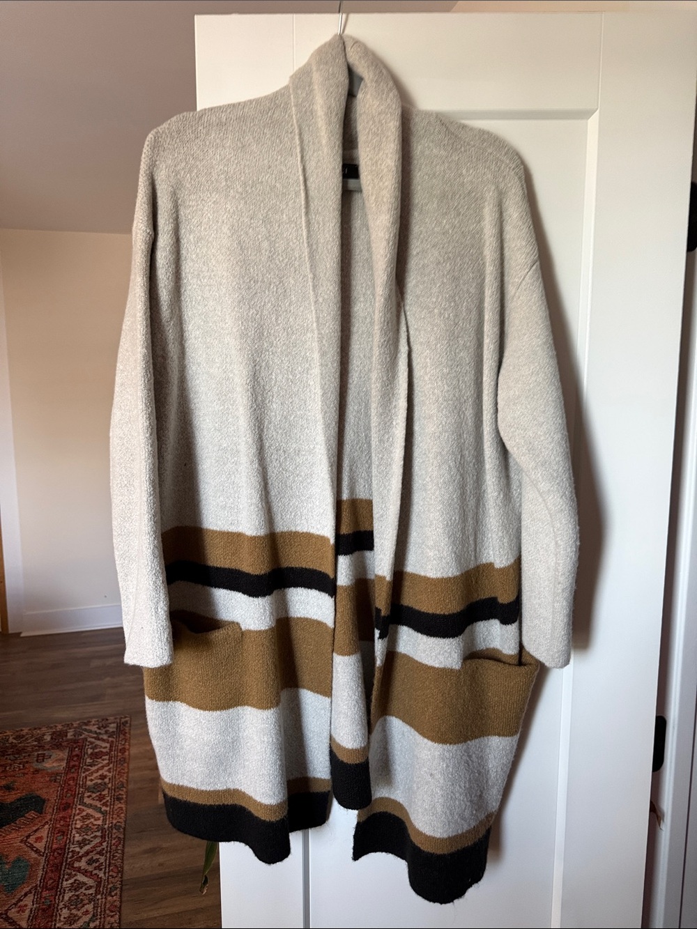 Vici Cream Open-Front Cardigan with Brown and Black Stripes
